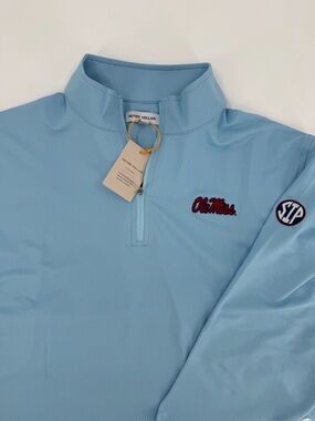 SIP EMBROIDERED SLEEVE! Peter Millar Ole Miss Powder Birdseye 1/4-Zip!  L - NWT